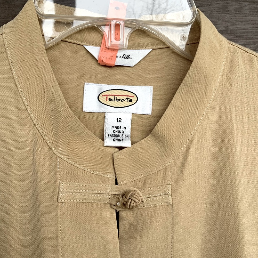 Talbots khaki silk tunic with mandarin collar and Chinese knot closures